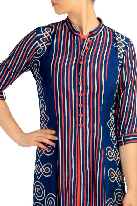 Soup By Sougat Paul Blue Cotton Silk Mandarin Collar Striped Printed Dress Online at Aza Fashions Soup By Sougat Paul_Blue Cotton Silk Mandarin Collar Striped Printed Dress _Online_at_Aza_Fashions