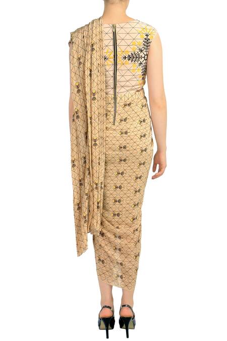 Shop_Soup by Sougat Paul_Beige Cotton Silk Geometric Jewel Neck Pre-draped Printed Saree Dress _at_Aza_Fashions