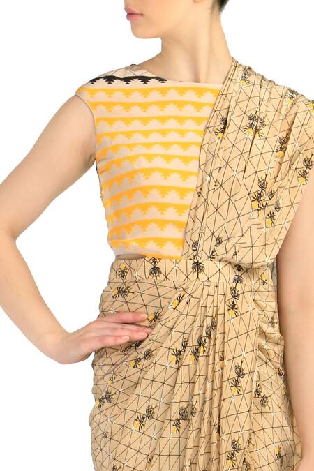 Soup by Sougat Paul_Beige Cotton Silk Geometric Jewel Neck Pre-draped Printed Saree Dress _Online_at_Aza_Fashions