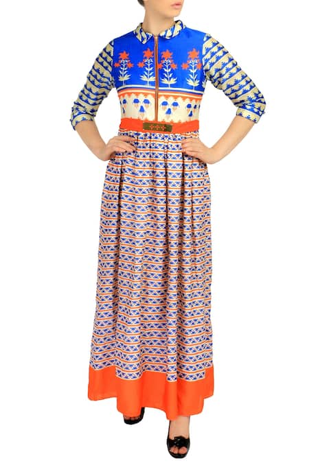 Soup By Sougat Paul_Blue Chanderi Silk Chinese Collar Printed Maxi Dress _Online_at_Aza_Fashions