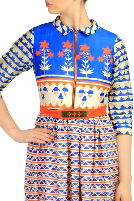 Buy Soup By Sougat Paul Blue Chanderi Silk Chinese Collar Printed Maxi Dress Online at Aza Fashions Buy_Soup By Sougat Paul_Blue Chanderi Silk Chinese Collar Printed Maxi Dress _Online_at_Aza_Fashions
