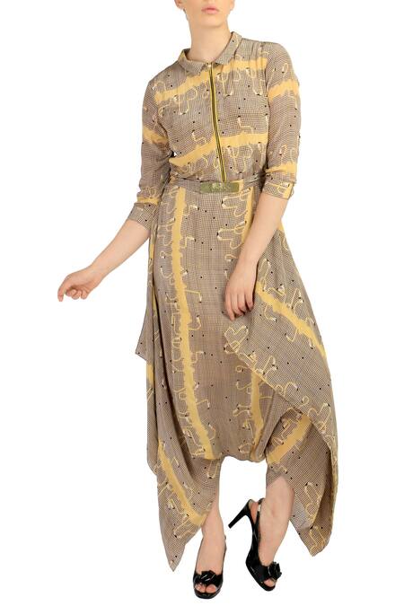 Soup By Sougat Paul_Beige And Yellow Geometric Flamingo Printed Jumpsuit _Online_at_Aza_Fashions