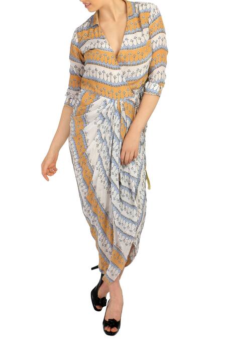 Soup By Sougat Paul_White Crepe V Neck Printed Draped Dress _Online_at_Aza_Fashions