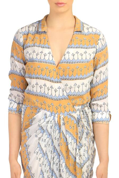 Buy_Soup By Sougat Paul_White Crepe V Neck Printed Draped Dress _Online_at_Aza_Fashions