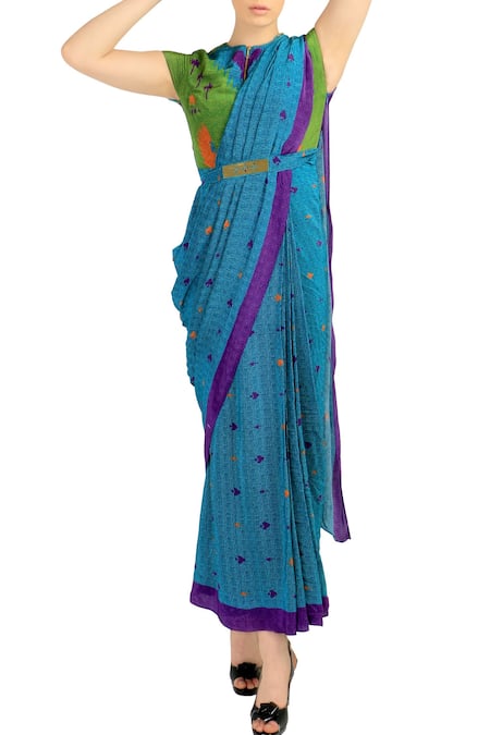 Soup By Sougat Paul_Blue Crepe Abstract Crew Neck Pre-draped Saree With Blouse _Online_at_Aza_Fashions