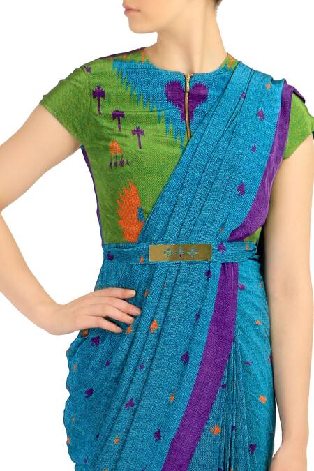 Buy_Soup By Sougat Paul_Blue Crepe Abstract Crew Neck Pre-draped Saree With Blouse _Online_at_Aza_Fashions