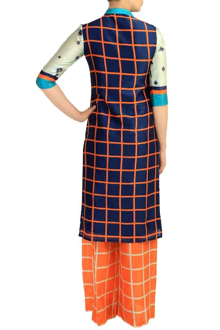 Soup By Sougat Paul Blue checkered kurta with orange palazzos 