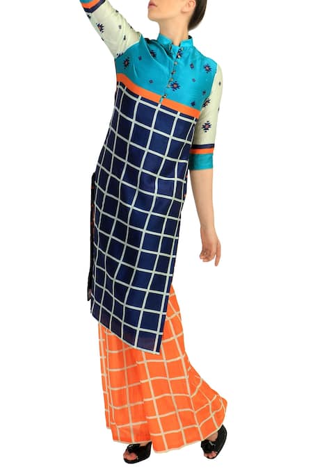 Soup By Sougat Paul_Blue Checkered Kurta With Orange Palazzos _Online_at_Aza_Fashions