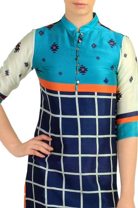Buy Soup By Sougat Paul Blue Checkered Kurta With Orange Palazzos Online at Aza Fashions Buy_Soup By Sougat Paul_Blue Checkered Kurta With Orange Palazzos _Online_at_Aza_Fashions