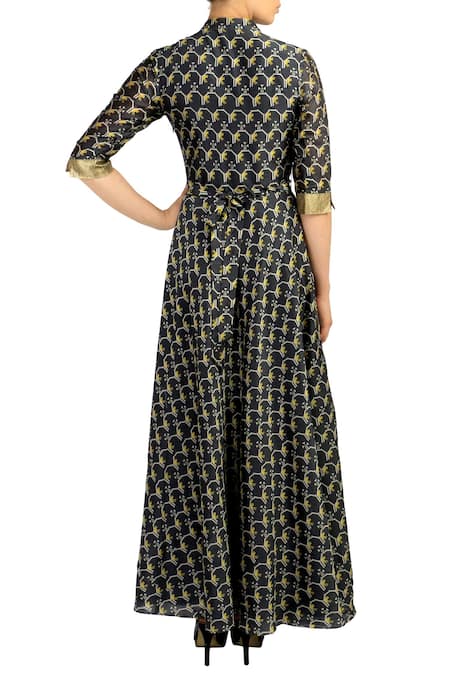 Shop_Soup By Sougat Paul_Black Chanderi Silk V Neck Printed Maxi Dress With Belt _at_Aza_Fashions