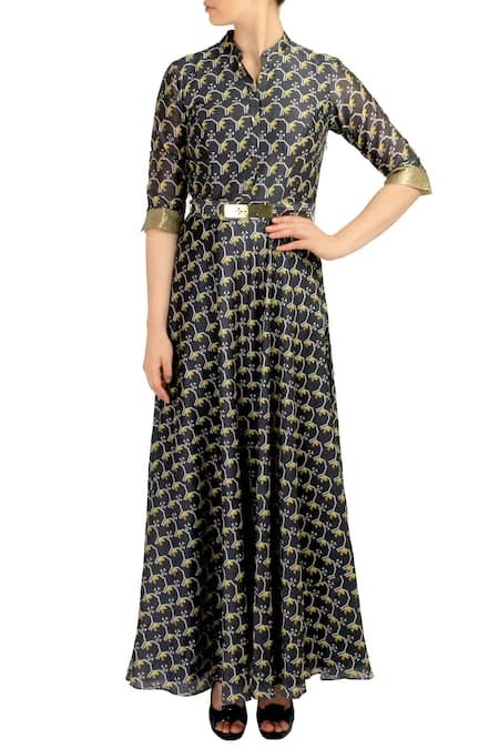 Soup By Sougat Paul_Black Chanderi Silk V Neck Printed Maxi Dress With Belt _Online_at_Aza_Fashions