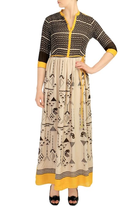 Soup by Sougat Paul Beige Cotton V Neck Printed Dress  