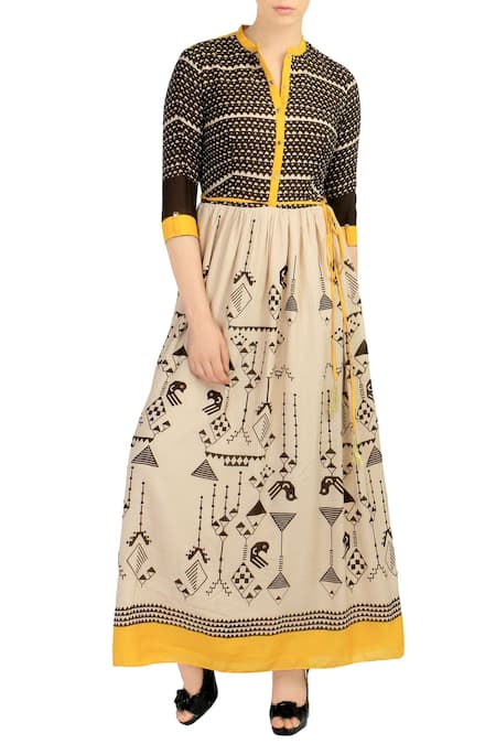 Soup By Sougat Paul_Beige Cotton V Neck Printed Dress _Online_at_Aza_Fashions