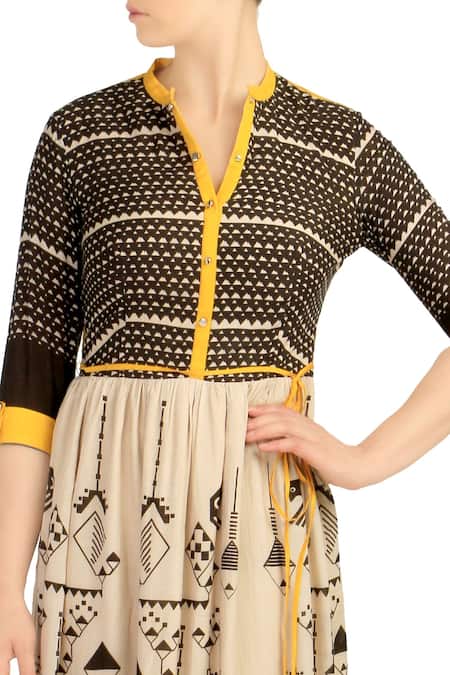 Buy Soup By Sougat Paul Beige Cotton V Neck Printed Dress Online at Aza Fashions Buy_Soup By Sougat Paul_Beige Cotton V Neck Printed Dress _Online_at_Aza_Fashions