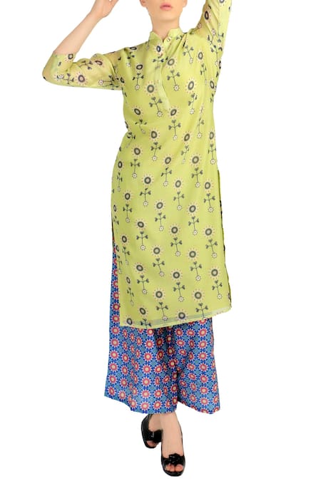 Soup By Sougat Paul_Green Light Printed Kurta And Blue Palazzos _Online_at_Aza_Fashions