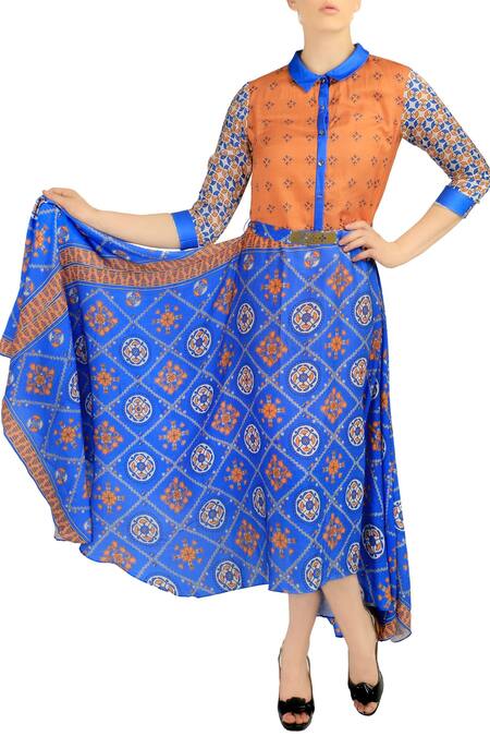 Soup By Sougat Paul_Blue Cotton Chinese Collar Printed Dress _Online_at_Aza_Fashions