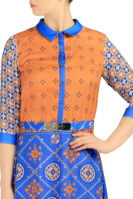 Buy_Soup By Sougat Paul_Blue Cotton Chinese Collar Printed Dress _Online_at_Aza_Fashions