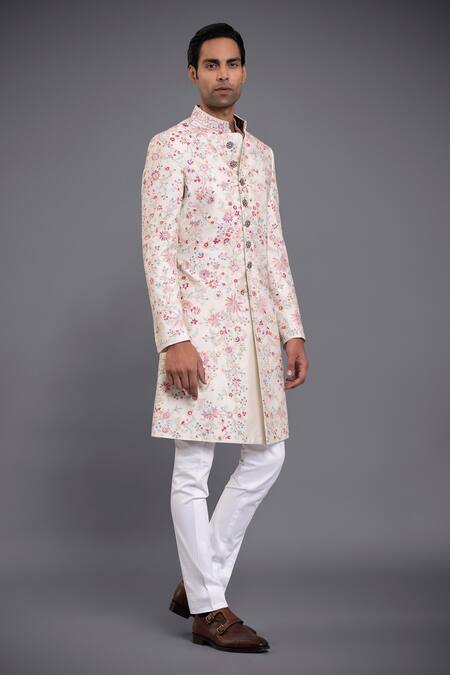 Raghavendra Rathore Jodhpur_Off White Silk Thread Embroidered Achkan_Online_at_Aza_Fashions