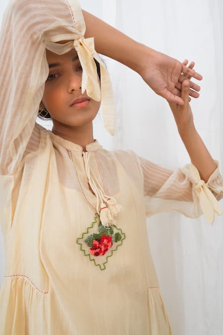 Dhaari_Beige Cotton Silk Kantha Collared Neck Handwoven Dress _Online_at_Aza_Fashions