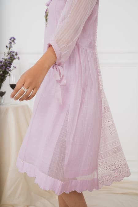 Buy_Dhaari_Purple Cotton Silk Kantha Collared Neck Handwoven Dress _Online_at_Aza_Fashions