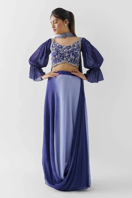 suruchi parakh Blue Georgette Crepe Embroidered Round Ombre Cowl Draped Skirt Set