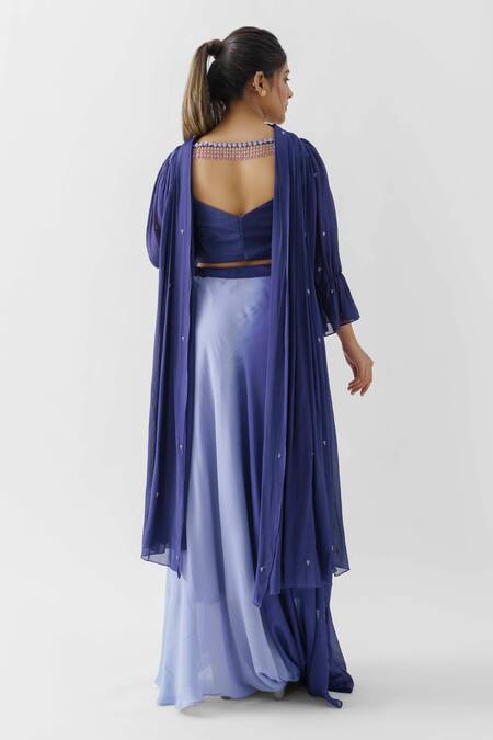 Shop Suruchi Parakh Blue Georgette Crepe, Lining Shantoon Round Ombre Cowl Draped Skirt Set at Aza Fashions Shop_Suruchi Parakh_Blue Georgette Crepe, Lining Shantoon Round Ombre Cowl Draped Skirt Set_at_Aza_Fashions