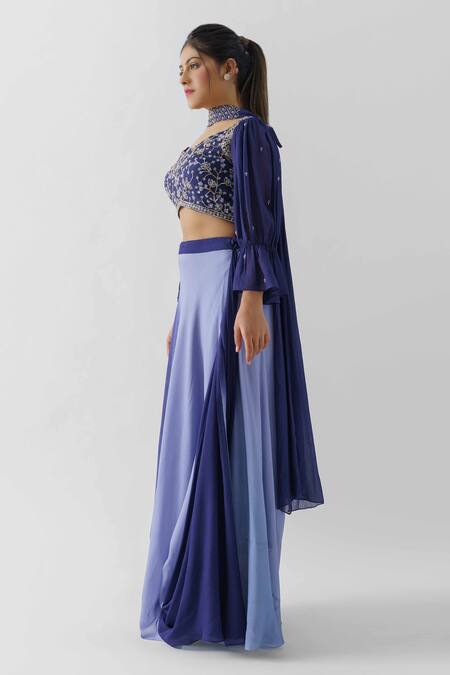 Suruchi Parakh Blue Georgette Crepe, Lining Shantoon Round Ombre Cowl Draped Skirt Set Online at Aza Fashions Suruchi Parakh_Blue Georgette Crepe, Lining Shantoon Round Ombre Cowl Draped Skirt Set_Online_at_Aza_Fashions
