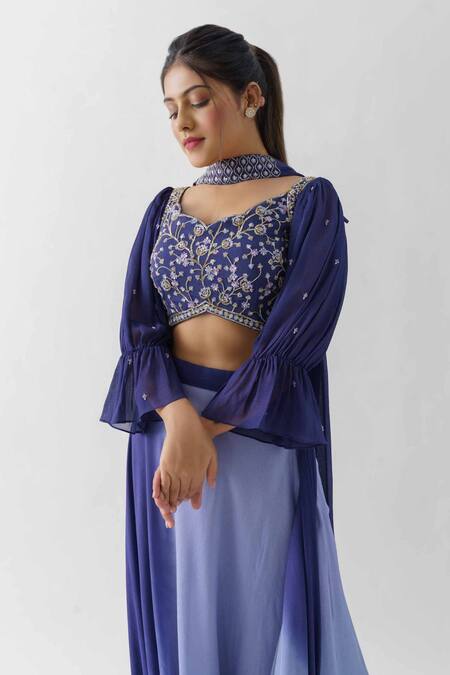 Buy Suruchi Parakh Blue Georgette Crepe, Lining Shantoon Round Ombre Cowl Draped Skirt Set Online at Aza Fashions Buy_Suruchi Parakh_Blue Georgette Crepe, Lining Shantoon Round Ombre Cowl Draped Skirt Set_Online_at_Aza_Fashions