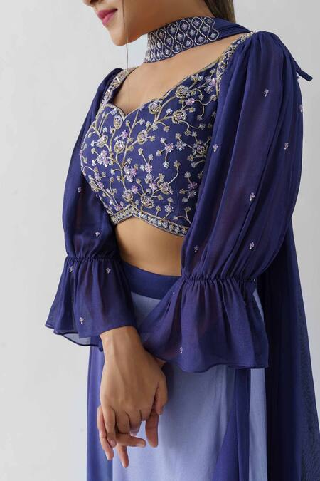 Shop Suruchi Parakh Blue Georgette Crepe, Lining Shantoon Round Ombre Cowl Draped Skirt Set Online at Aza Fashions Shop_Suruchi Parakh_Blue Georgette Crepe, Lining Shantoon Round Ombre Cowl Draped Skirt Set_Online_at_Aza_Fashions
