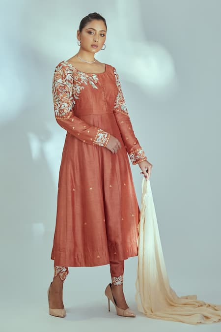 Suruchi Parakh_Orange Tussar Silk, Dupatta Organza, Embroidered Anarkali Dhoti Pant Set _Online_at_Aza_Fashions