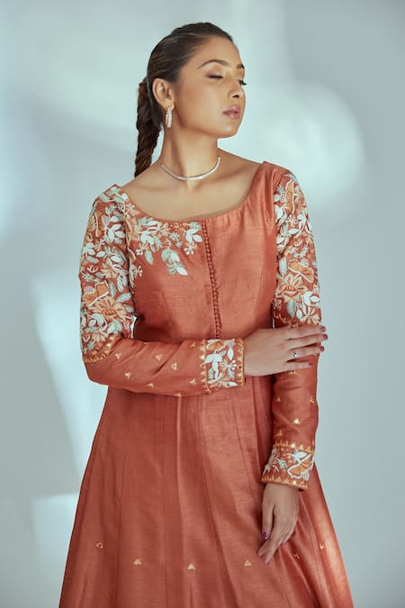 Buy_Suruchi Parakh_Orange Tussar Silk, Dupatta Organza, Embroidered Anarkali Dhoti Pant Set _Online_at_Aza_Fashions