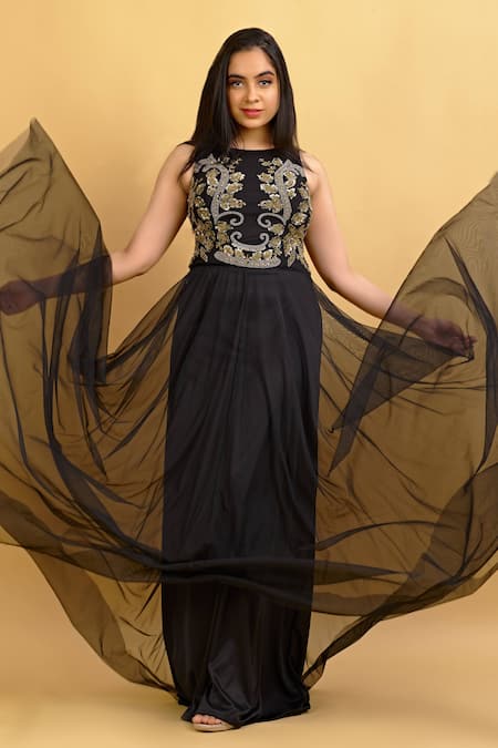 Ambrosia Black Round Embroidered Gown