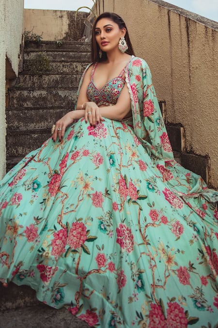 Gopi Vaid_Blue Viscose Floral Pattern Plunge Sweetheart Pushpi Lehenga Set With Cape _Online_at_Aza_Fashions