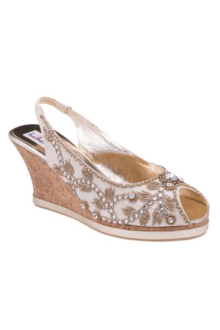 Fuchsia by aashaka mehta_Beige Embroidery, Diamonds Floral Peeptoes_Online_at_Aza_Fashions