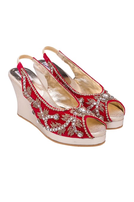 Fuchsia Red Embroidered Leather Wedges 