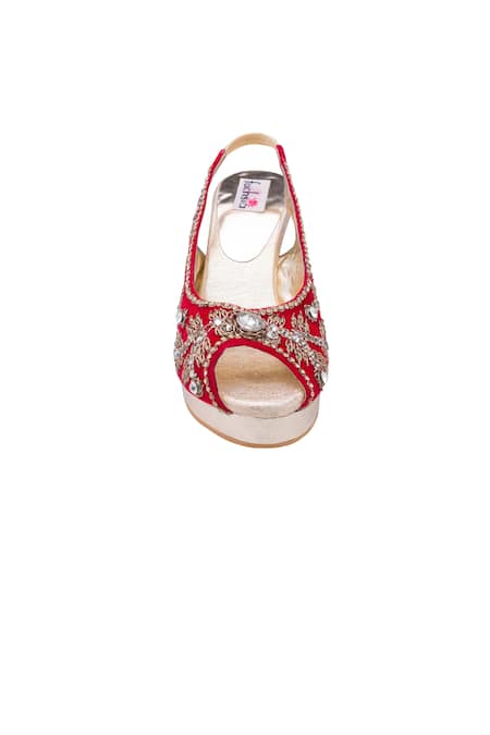 Shop Fuchsia by aashaka mehta Red Embroidery, Sequins Leather Wedges at Aza Fashions Shop_Fuchsia by aashaka mehta_Red Embroidery, Sequins Leather Wedges _at_Aza_Fashions