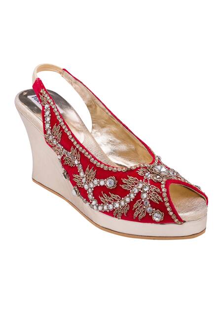 Fuchsia by aashaka mehta Red Embroidery, Sequins Leather Wedges Online at Aza Fashions Fuchsia by aashaka mehta_Red Embroidery, Sequins Leather Wedges _Online_at_Aza_Fashions