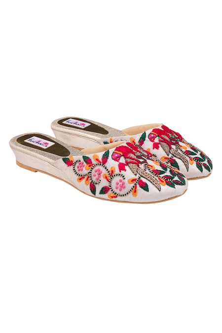 Fuchsia Beige Embroidered Floral Wedges