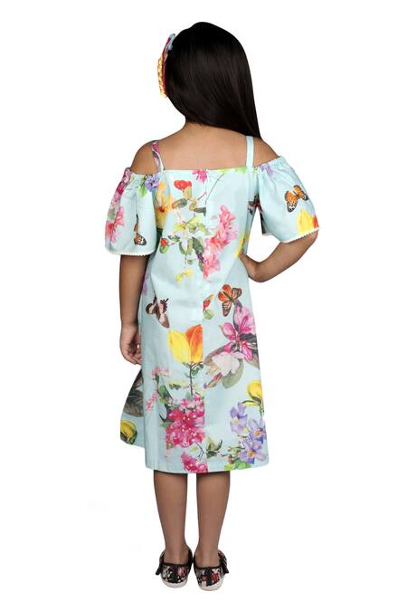 Shop Ribbon Candy Blue Cotton Printed Off Shoulder Dress at Aza Fashions Shop_Ribbon Candy_Blue Cotton Printed Off Shoulder Dress_at_Aza_Fashions