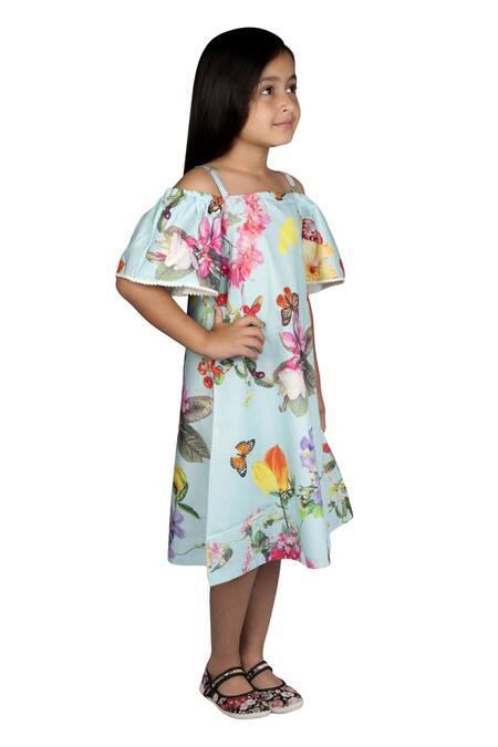 Ribbon Candy Blue Cotton Printed Off Shoulder Dress Online at Aza Fashions Ribbon Candy_Blue Cotton Printed Off Shoulder Dress_Online_at_Aza_Fashions