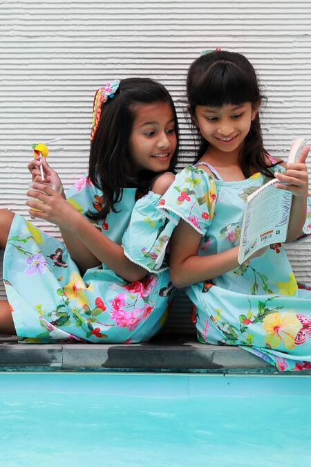 Buy Ribbon Candy Blue Cotton Printed Off Shoulder Dress Online at Aza Fashions Buy_Ribbon Candy_Blue Cotton Printed Off Shoulder Dress_Online_at_Aza_Fashions