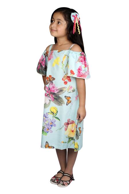 Shop Ribbon Candy Blue Cotton Printed Off Shoulder Dress Online at Aza Fashions Shop_Ribbon Candy_Blue Cotton Printed Off Shoulder Dress_Online_at_Aza_Fashions