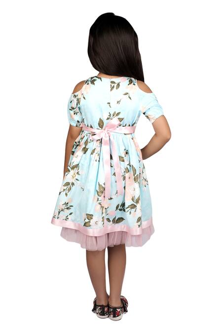 Shop Ribbon Candy Blue Cotton Cold Shoulder Printed Dress at Aza Fashions Shop_Ribbon Candy_Blue Cotton Cold Shoulder Printed Dress_at_Aza_Fashions
