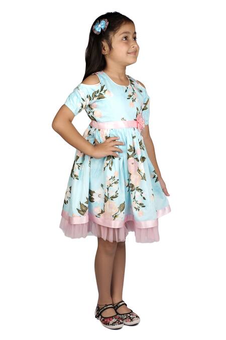 Ribbon Candy Blue Cotton Cold Shoulder Printed Dress Online at Aza Fashions Ribbon Candy_Blue Cotton Cold Shoulder Printed Dress_Online_at_Aza_Fashions
