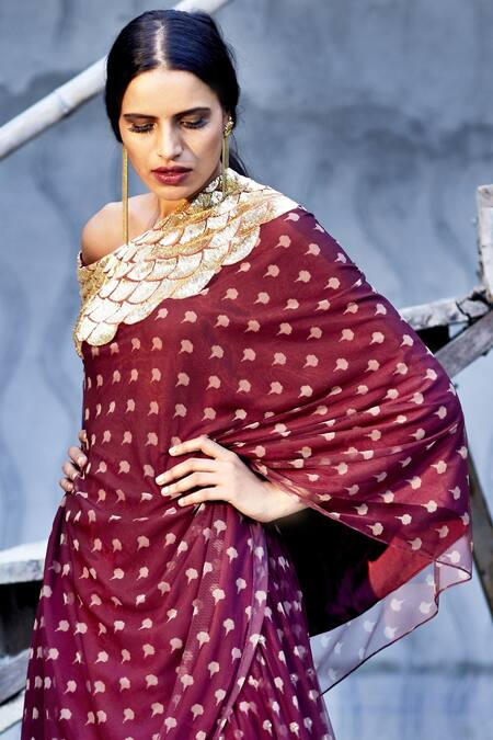 Shop Zoraya Red Net Printed Kaftan Lehenga Set at Aza Fashions Shop_Zoraya_Red Net Printed Kaftan Lehenga Set_at_Aza_Fashions