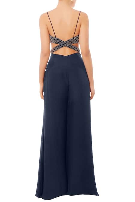 Shop_Shehlaa Khan_Blue Sweetheart Neck Embellished Jumpsuit _at_Aza_Fashions