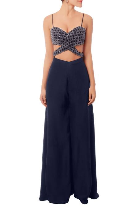 Shop_Shehlaa Khan_Blue Sweetheart Neck Embellished Jumpsuit _Online_at_Aza_Fashions