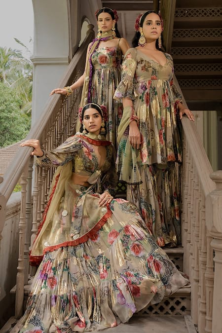 Shop_Amrin Khan_Green Georgette And Organza Floral Print & Gota Patti V Neck Layered Lehenga Set _Online_at_Aza_Fashions