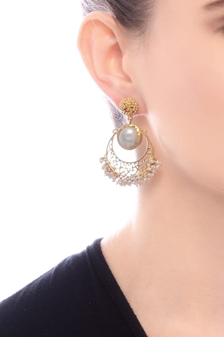 Shop Zariin Gold Plated Pearls Stud Danglers at Aza Fashions Shop_Zariin_Gold Plated Pearls Stud Danglers _at_Aza_Fashions