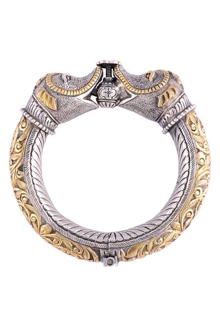 Shop_Sangeeta Boochra_Gold Plated Antique Silver And Elephant Cuff _at_Aza_Fashions